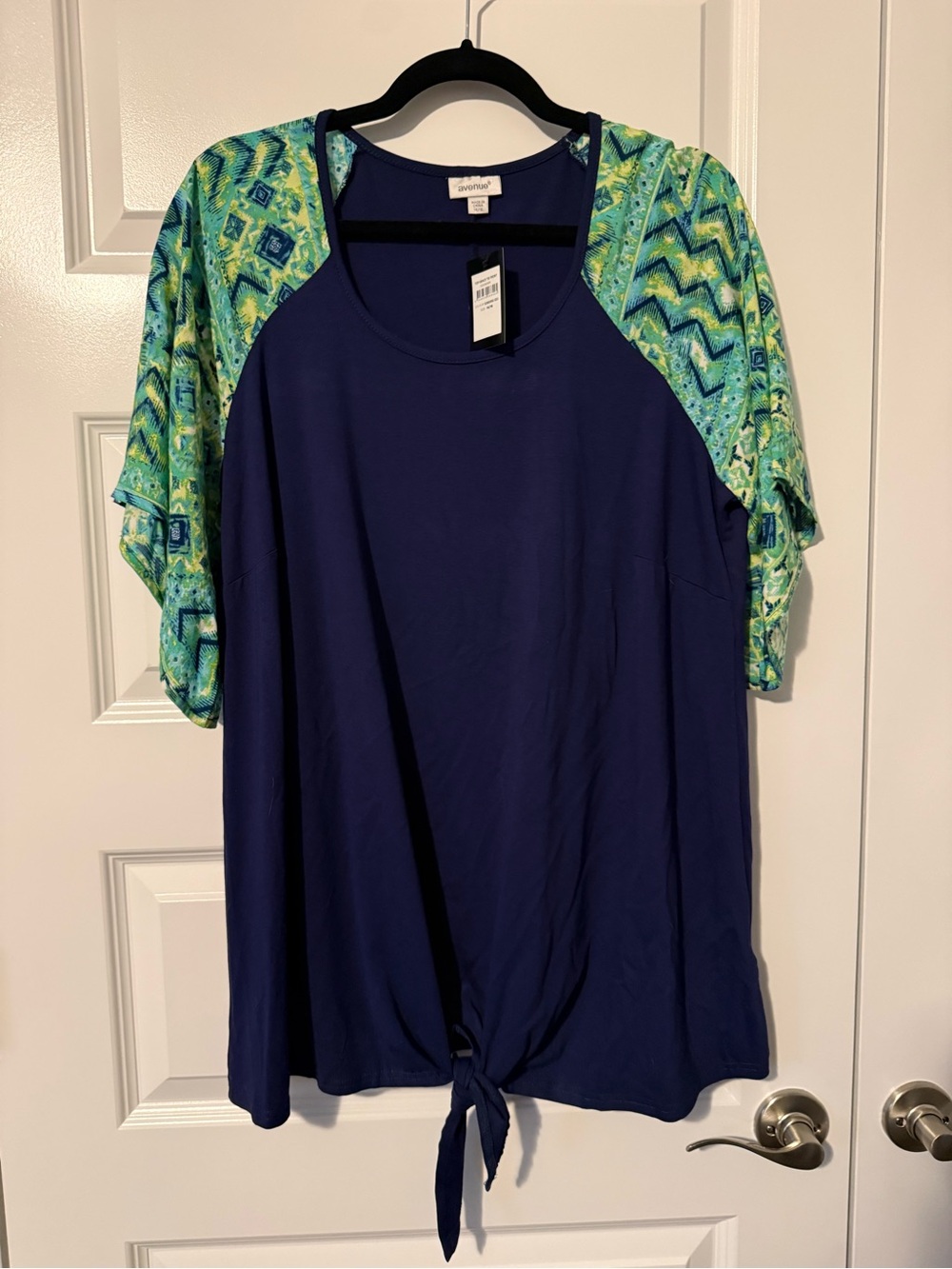Avenue Navy Top with Green Patterned Raglan Sleeves and Front Tie